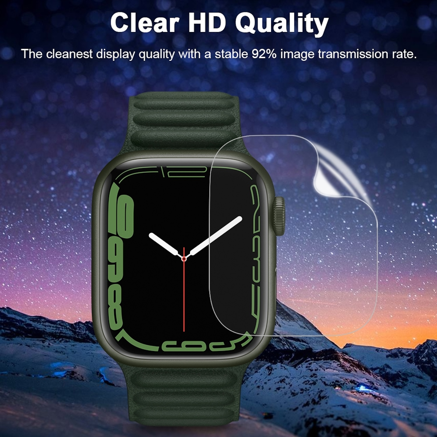 Smartwatch mit Displayschutz, Text-Overlay, zeigt sternenklaren Hintergrund.