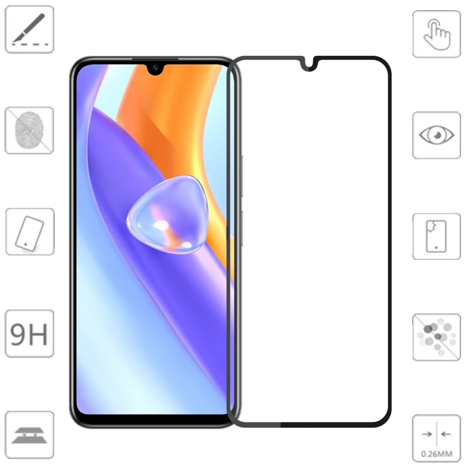 Schermo di smartphone con protezione schermo e varie icone, con una sovrapposizione di protezione trasparente.