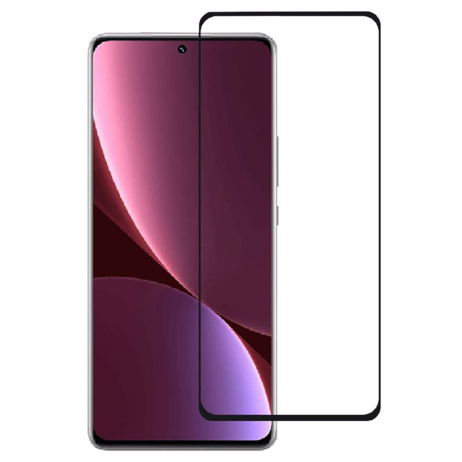 Un telefono con una protezione schermo applicata, che mostra un telefono con schermo curvo e fotocamera.