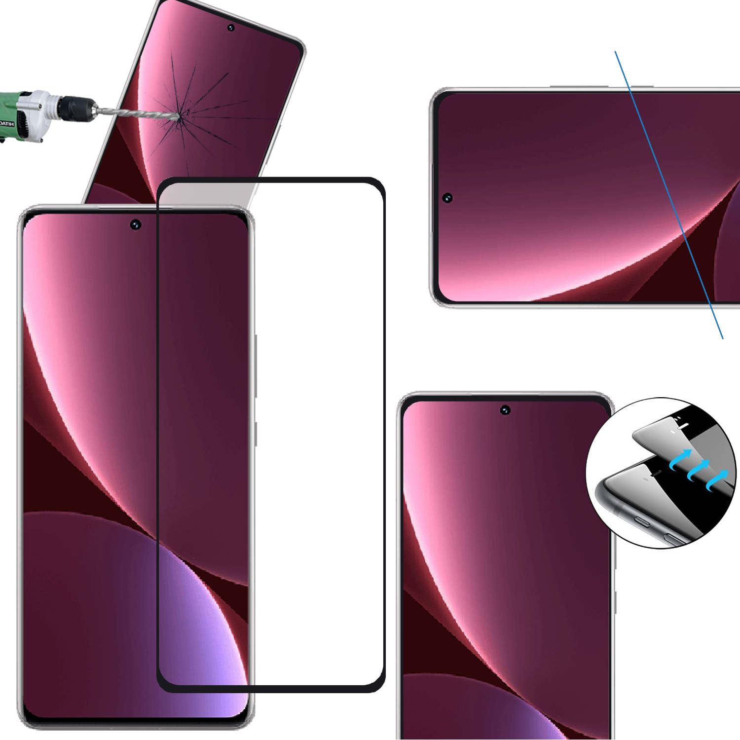 Schermi con protezioni, un trapano e un telefono.
