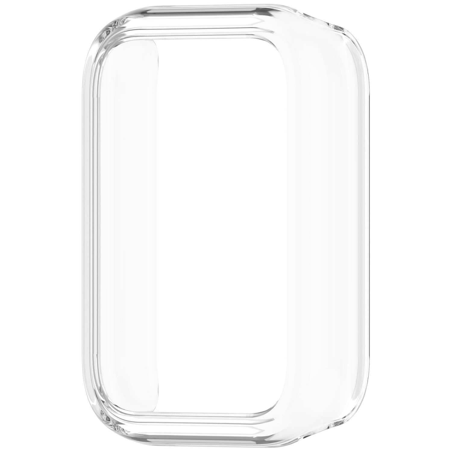 Custodia protettiva trasparente per uno smartwatch. La custodia è trasparente.