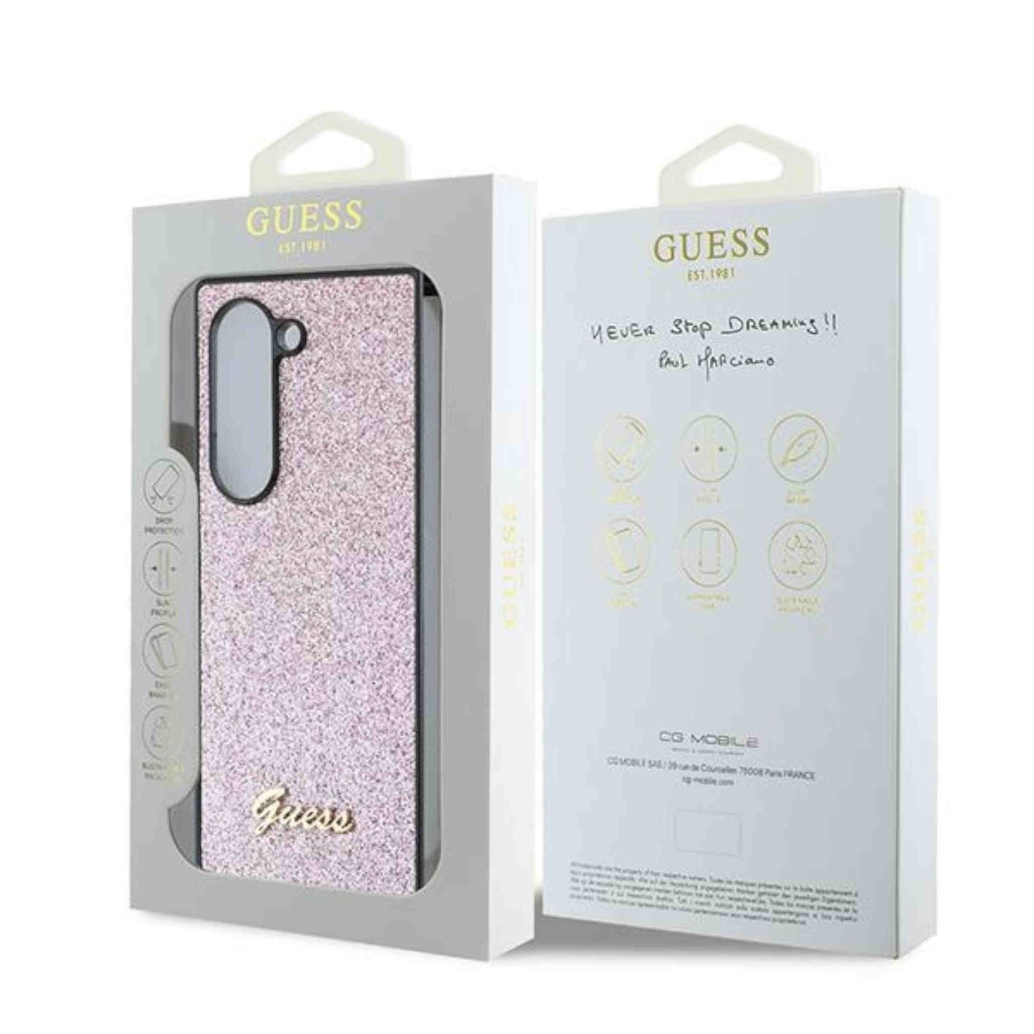 Custodia per telefono rosa glitterata in una scatola bianca con logo 'GUESS' e nota manoscritta.