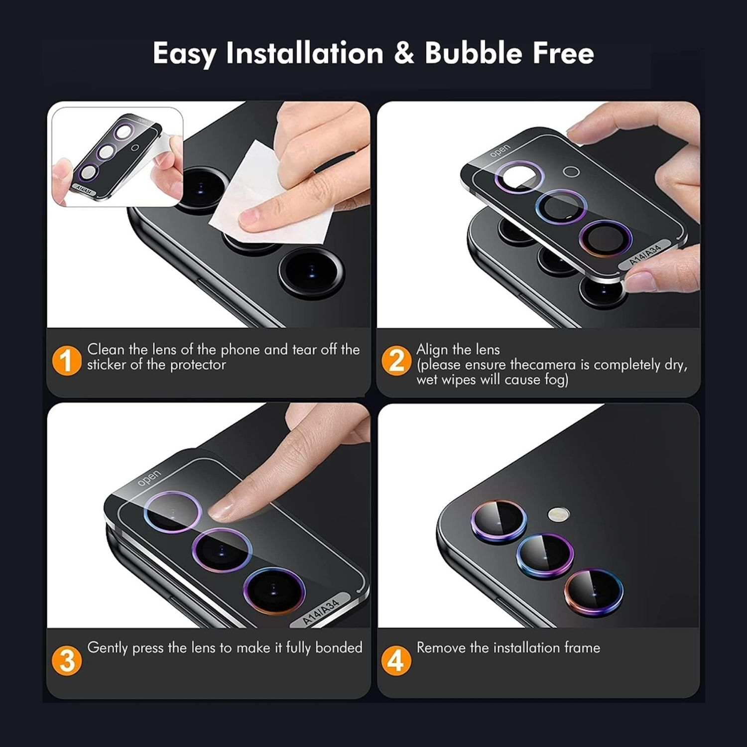 Istruzioni per applicare una protezione per lenti della fotocamera del telefono. Passaggi 1-4 con immagini.