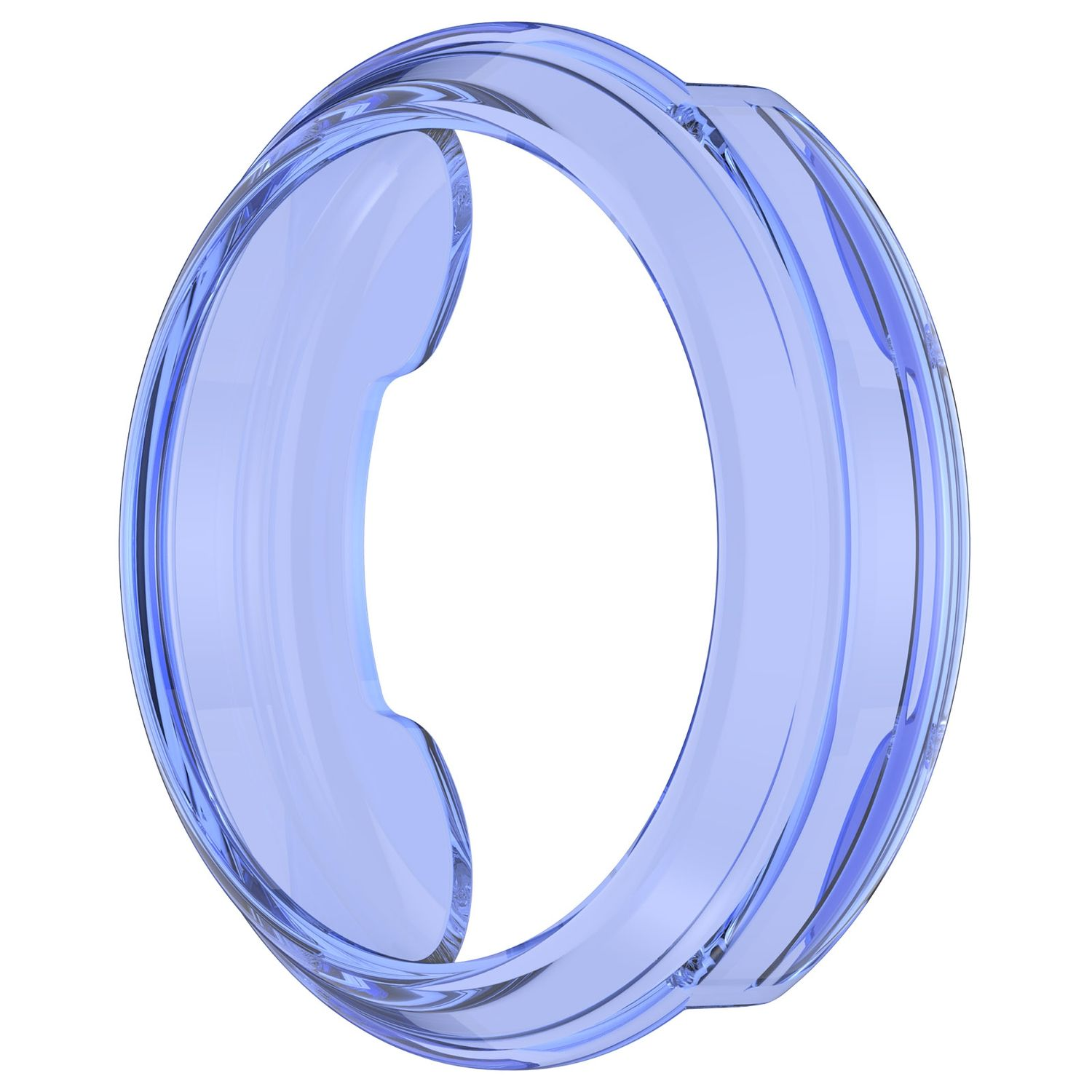 Ein transparentes blaues Uhrengehäuse, das die Form der Uhr zeigt.