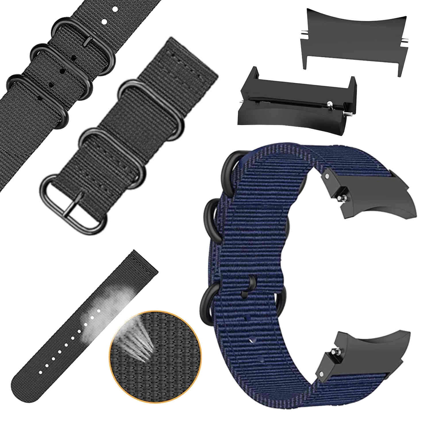 Schwarze Stoff-Uhrenarmbänder. Mehrere Teile, Anschlüsse und Nahaufnahme des Gewebes.
