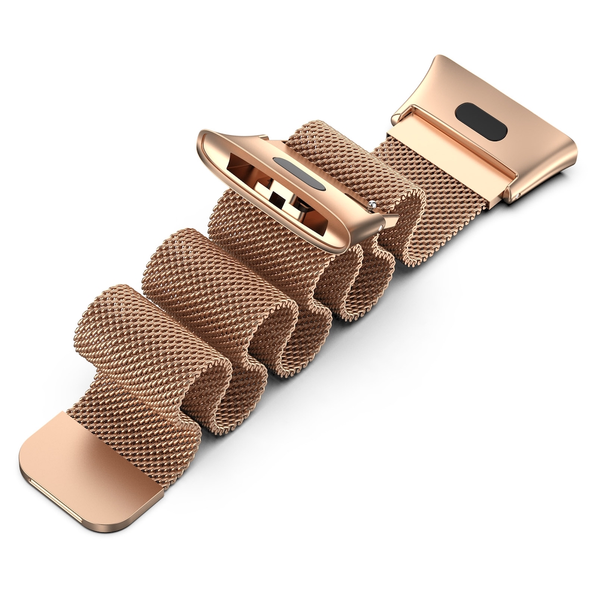 Ein roségoldenes Mesh-Uhrenarmband mit roségoldenem Verschluss. Der Riemen ist gebogen. Der Verschluss ist offen.