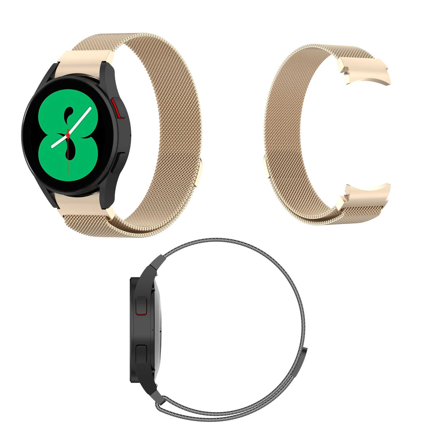 Eine Smartwatch und ein goldenes Armband. Die Uhr befindet sich auf weißem Hintergrund. Der Riemen ist abgenommen.
