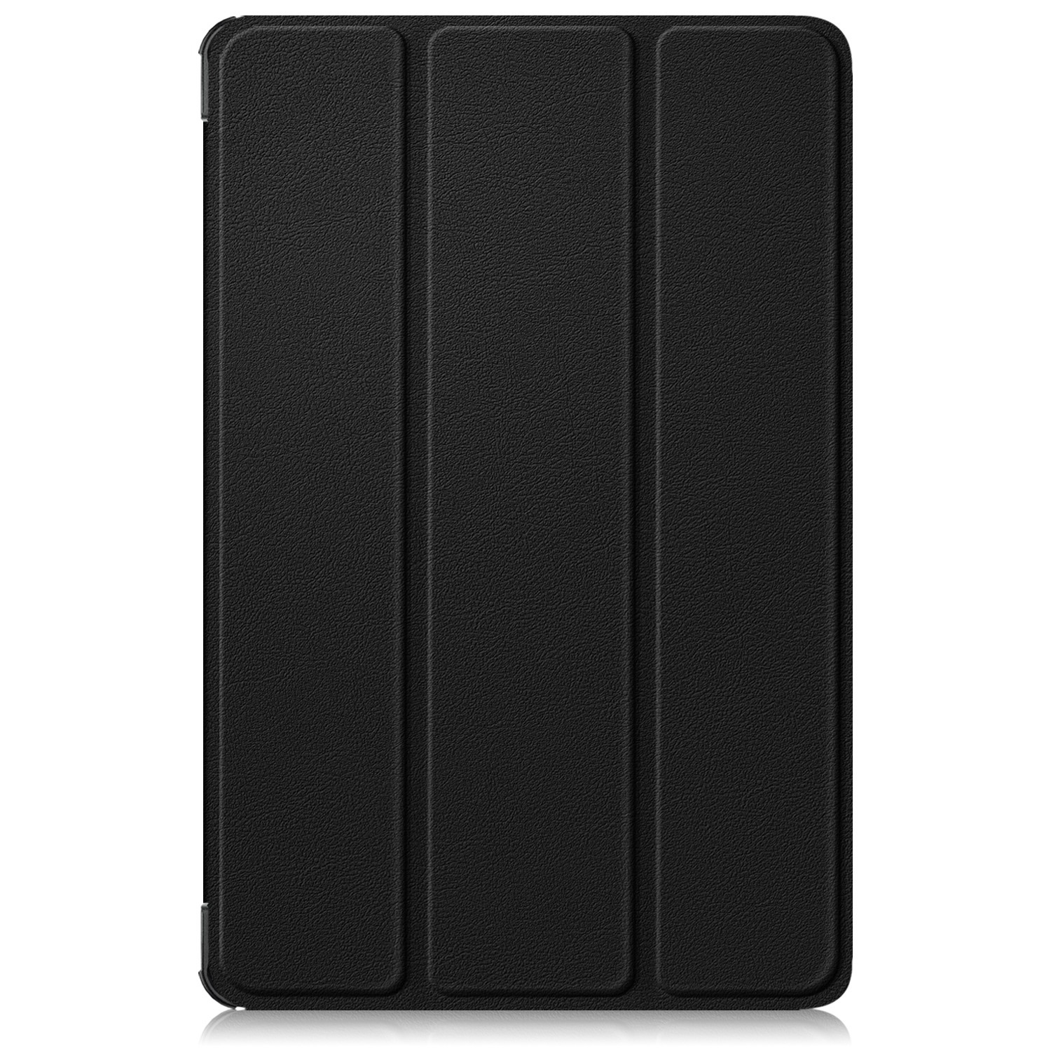 Funda negra plegable para tableta, cerrada, que muestra una superficie texturizada con tres líneas verticales.