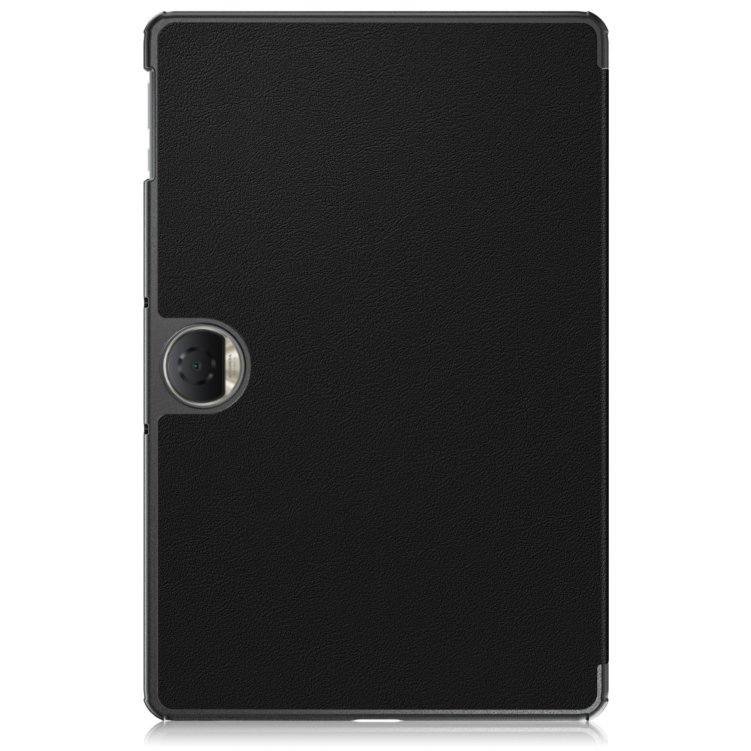 Una funda negra para tableta con recorte para cámara en el medio, superficie brillante y base reflectante.