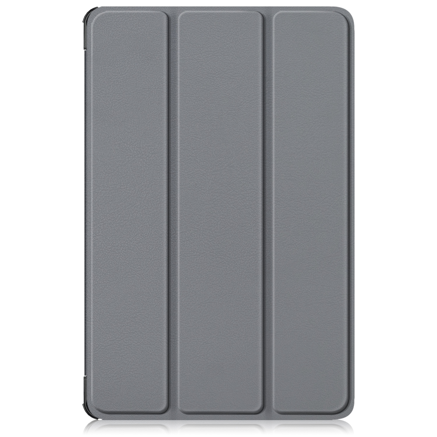 Funda gris para tableta. La funda tiene tres partes. Fondo negro.