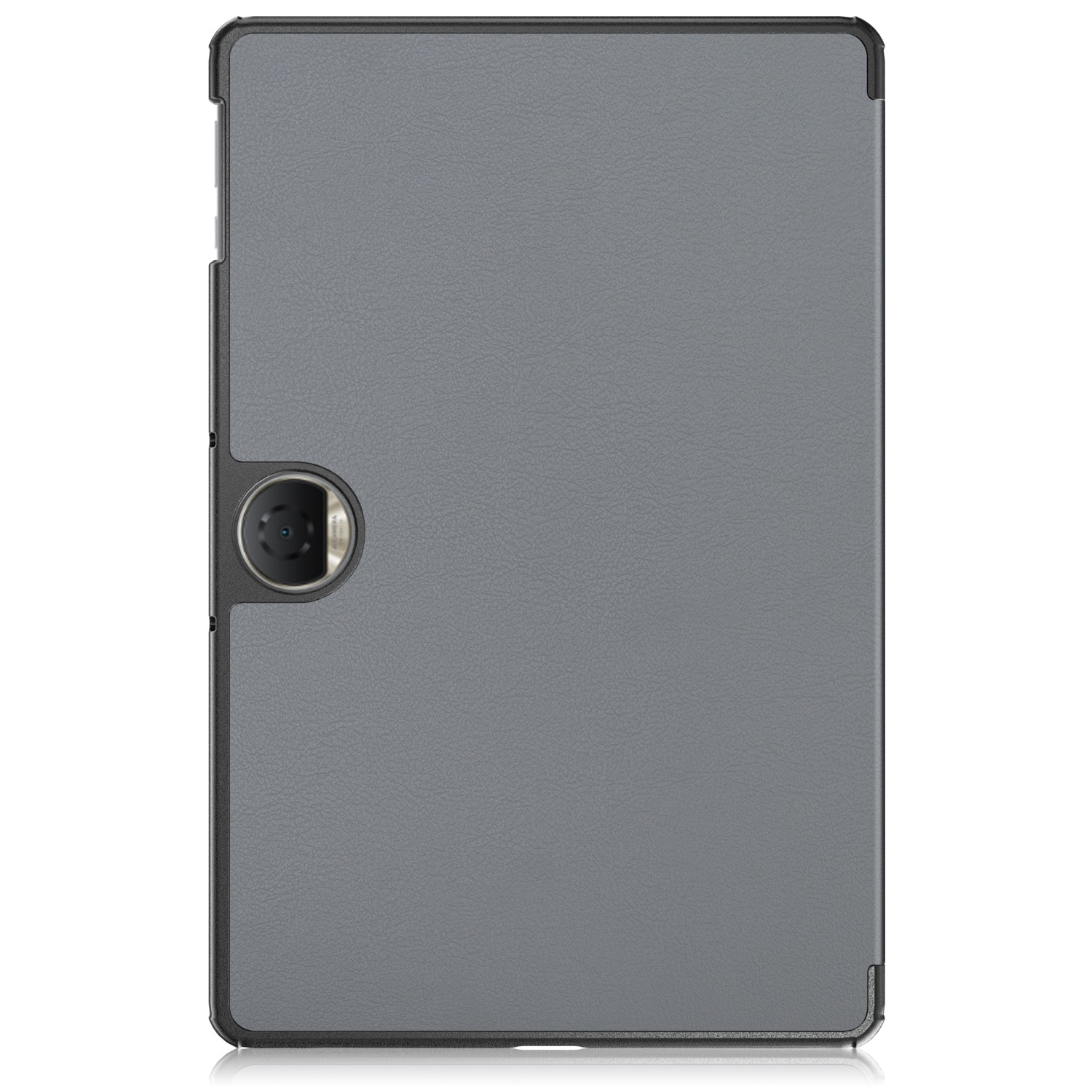 Funda gris para tableta con orificio para cámara. La funda está cerrada. Borde negro.