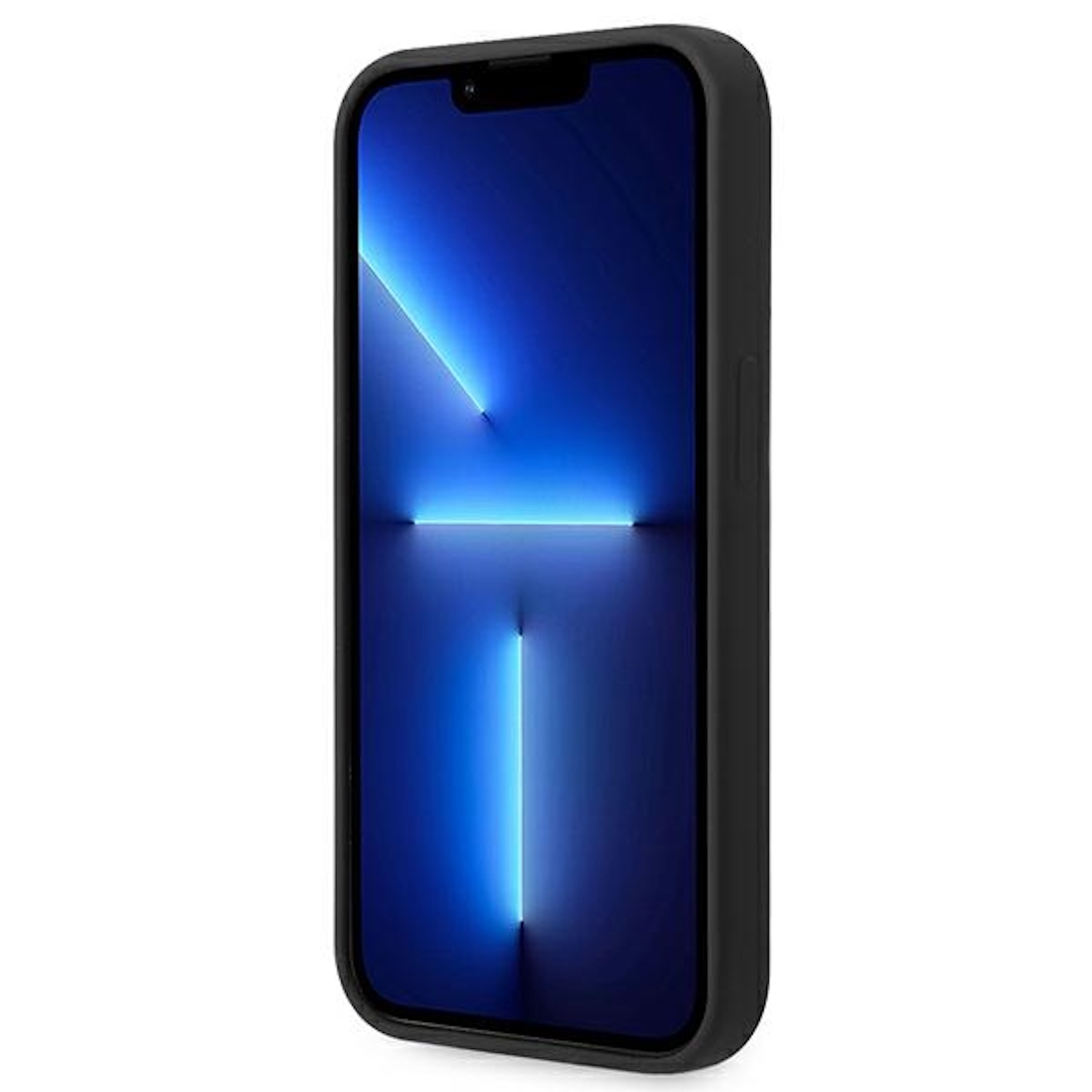 Un telefono è in una custodia nera, che mostra uno schermo blu con raggi di luce.
