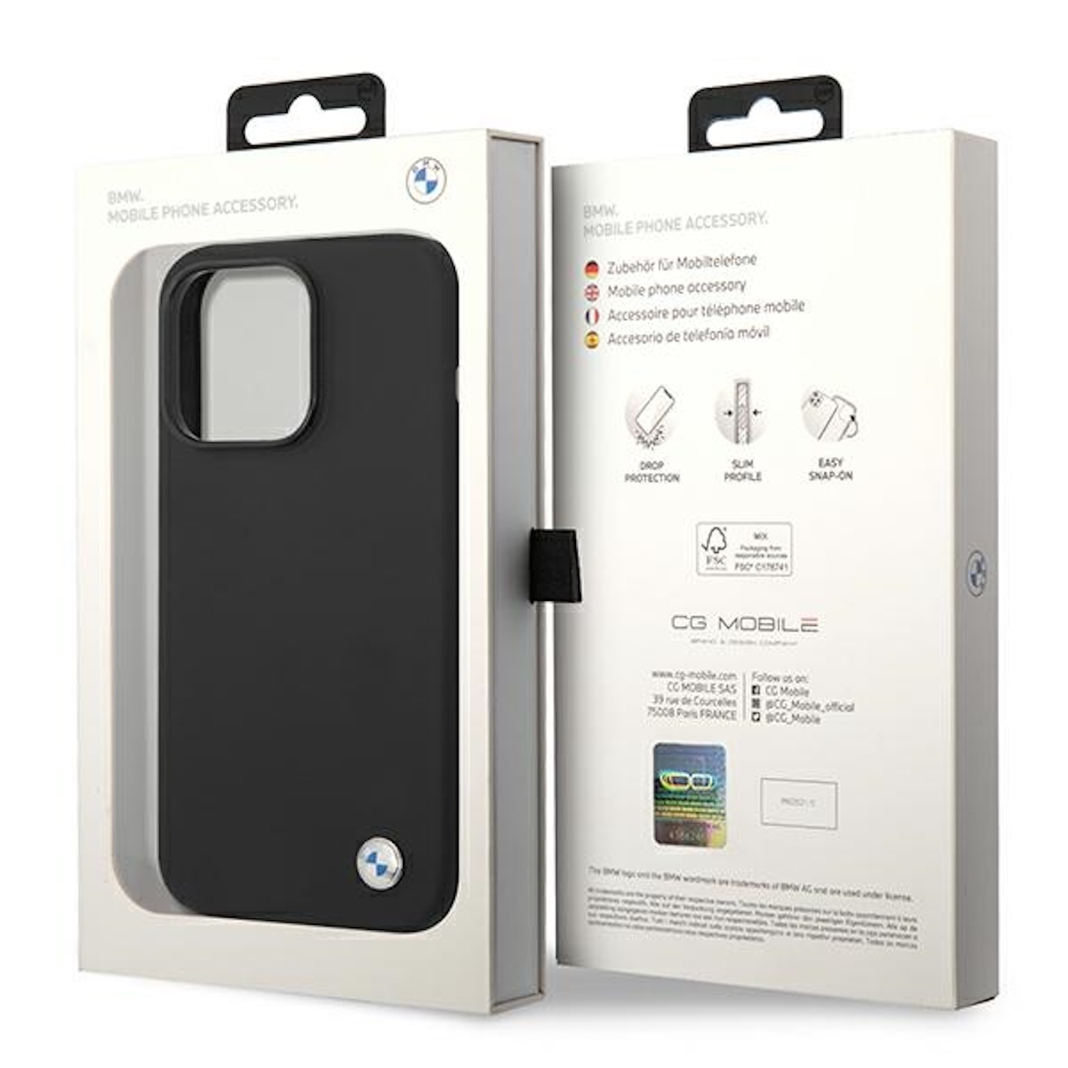 Custodia per telefono in scatola, con testo chiaro, protezione dalle cadute, profilo sottile, facile aggancio e logo BMW.
