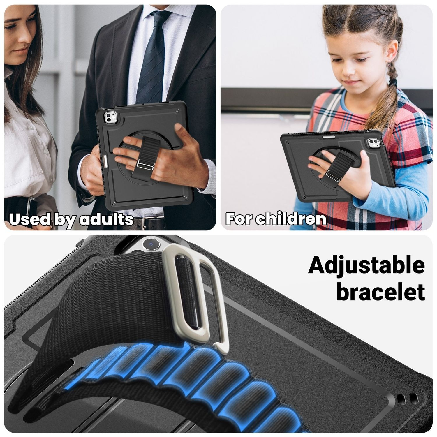 Tablets in Hüllen, gehalten von Erwachsenen und Kindern. Die Hülle hat eine Handschlaufe und ist verstellbar.