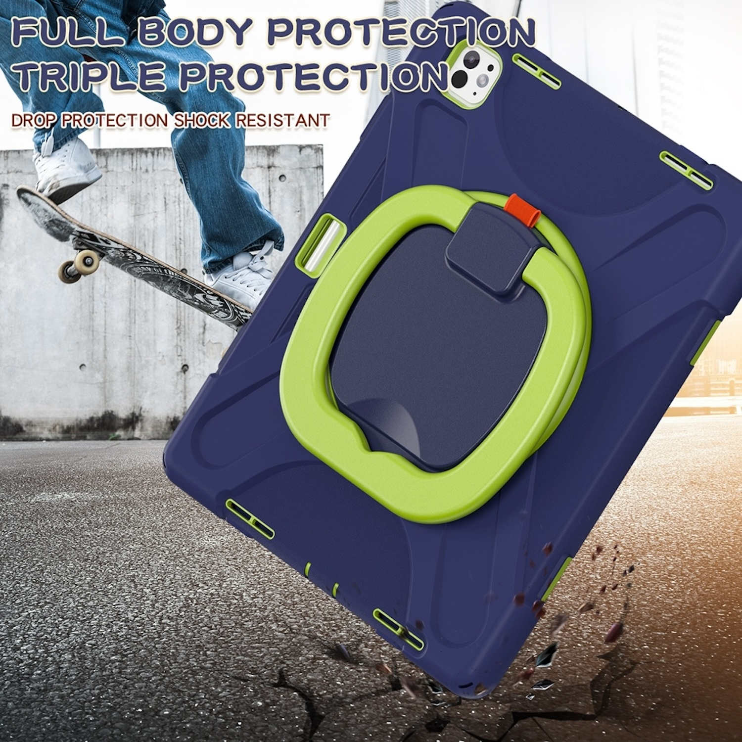 Tablet in einer blau-grünen Hülle. Die Hülle befindet sich auf einem Skateboard. Text: Full Body Protection.