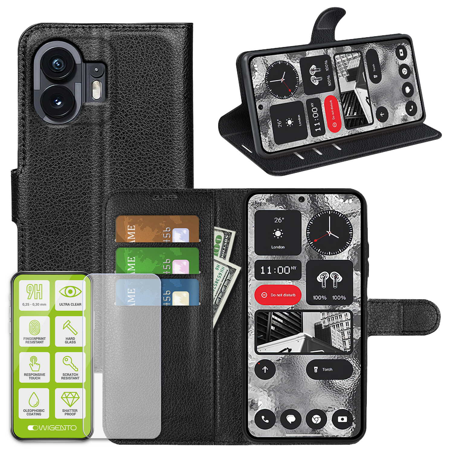 Schwarze Handyhülle mit Telefon, Karten und Displayschutzfolie. Telefon zeigt Uhrzeit und Symbole. Karten sind sichtbar.