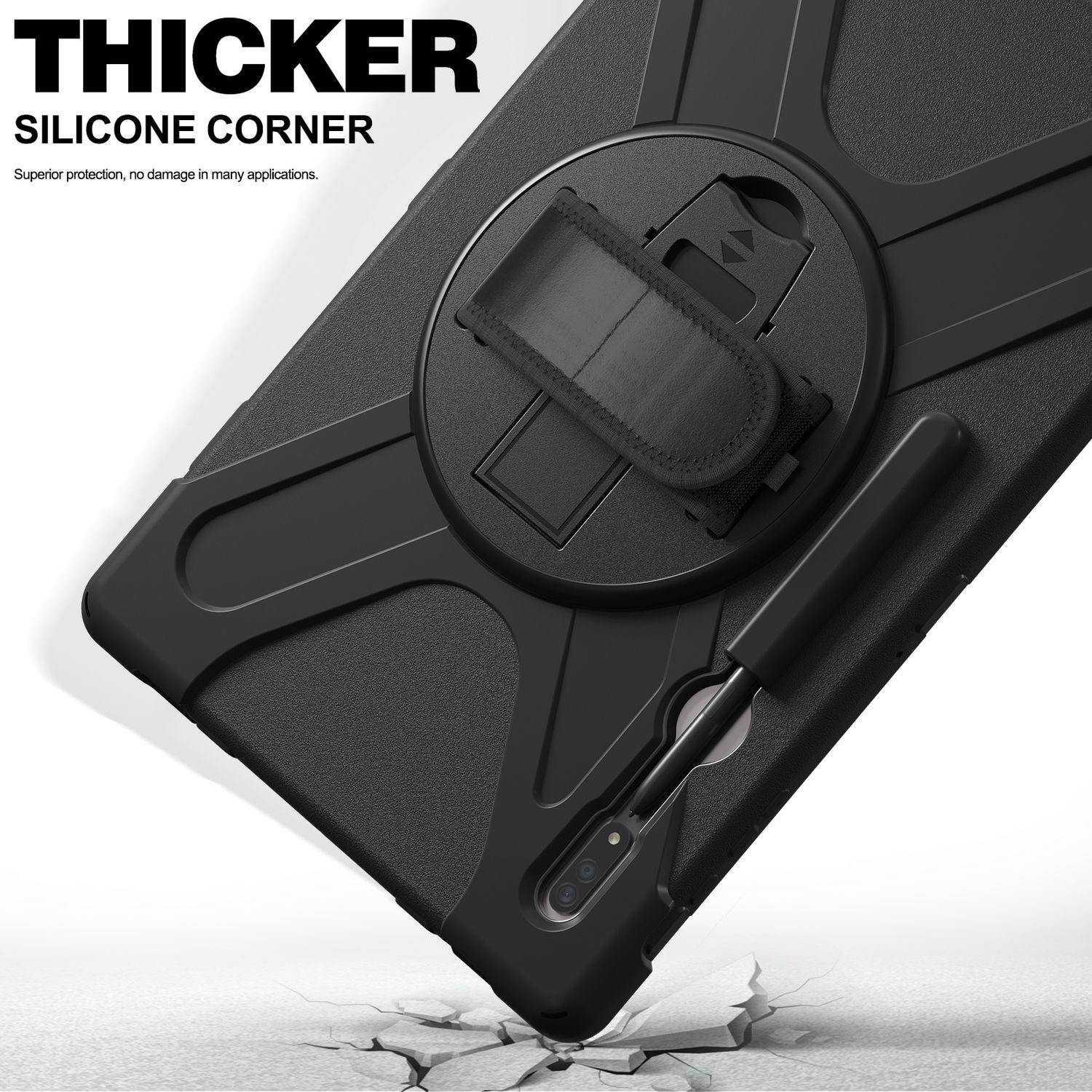 Schwarze Tablet-Hülle mit Handschlaufe und Stifthalter. Die Ecke ist für den Schutz dicker.