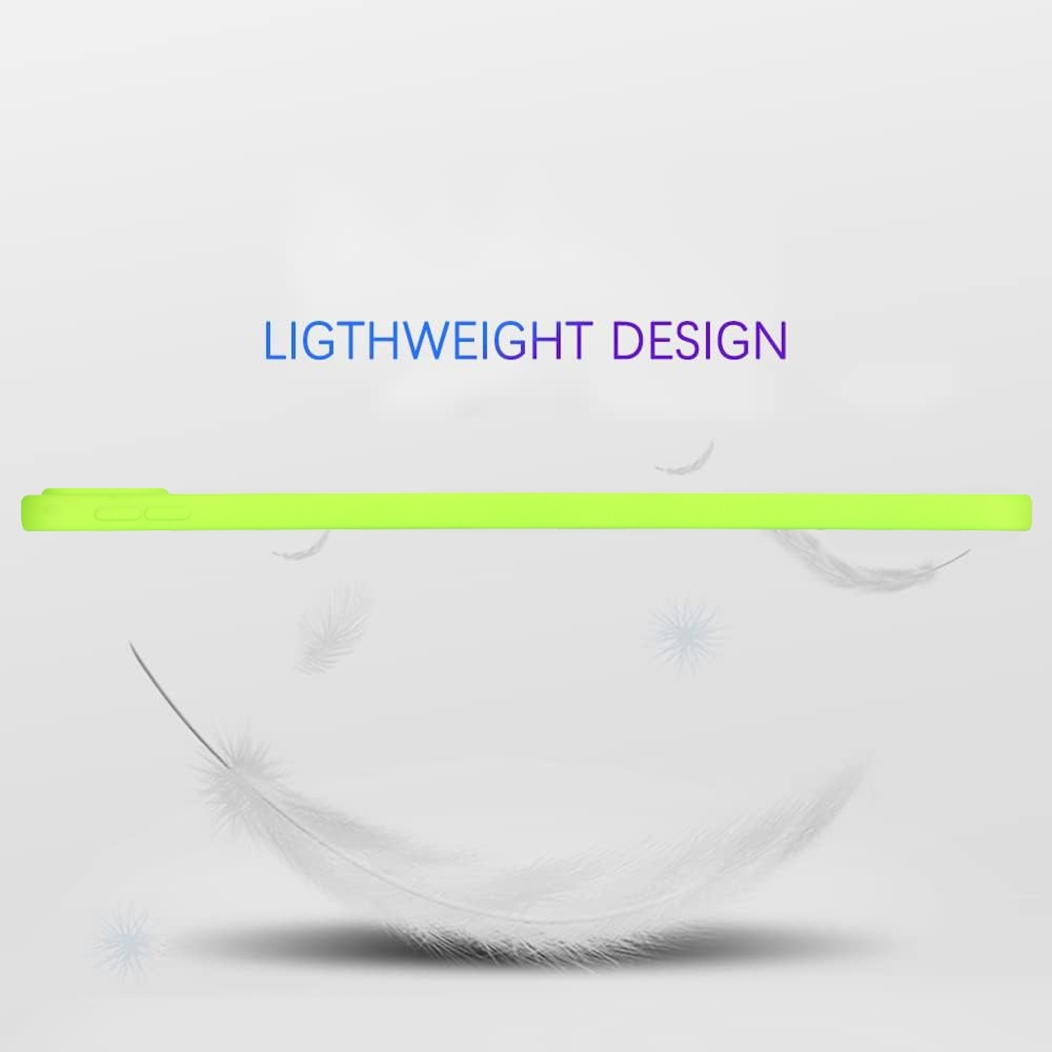 Grüne Handyhülle und weiße Federn auf einem Farbverlauf. Text: 'LIGTHWEIGHT DESIGN'.