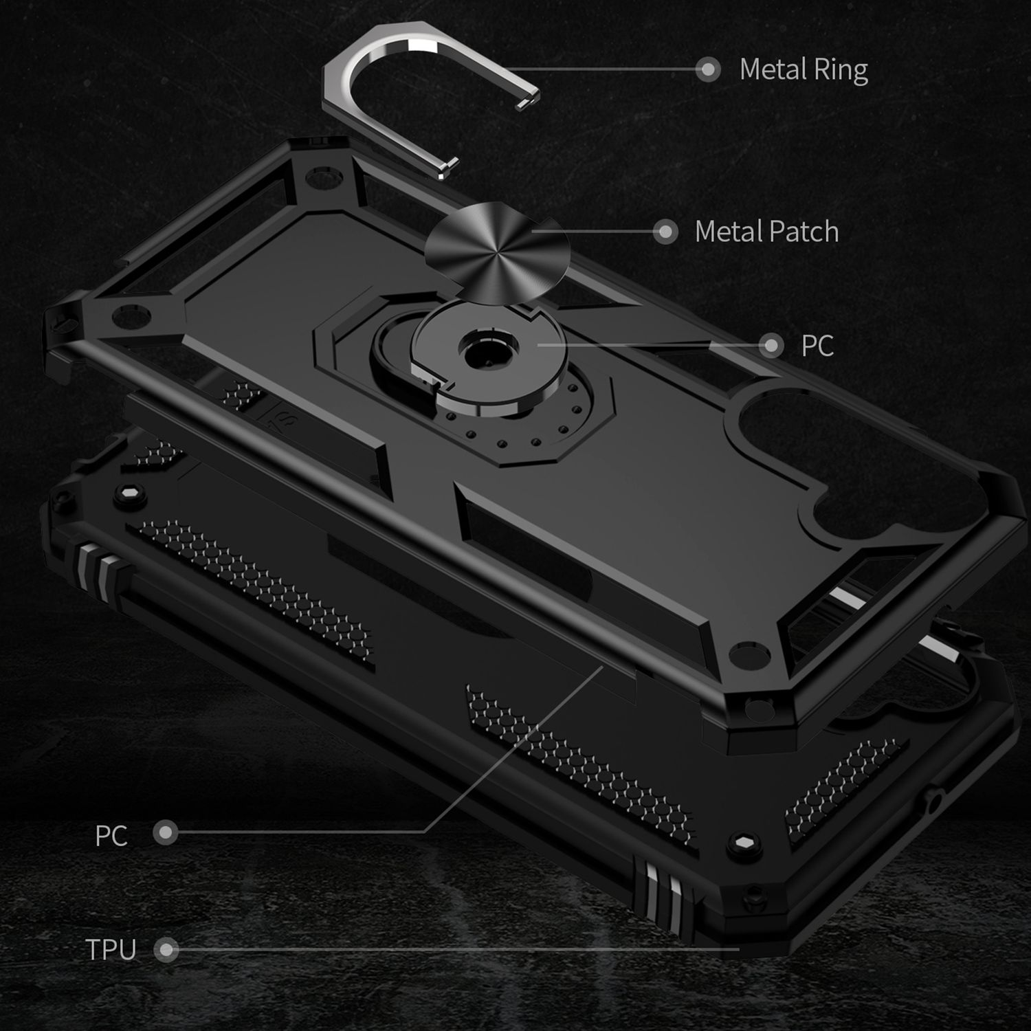 Schwarze Handyhülle in Teilen. Zeigt Metallring, Metall-Patch, PC und TPU. Schwarzer Hintergrund.