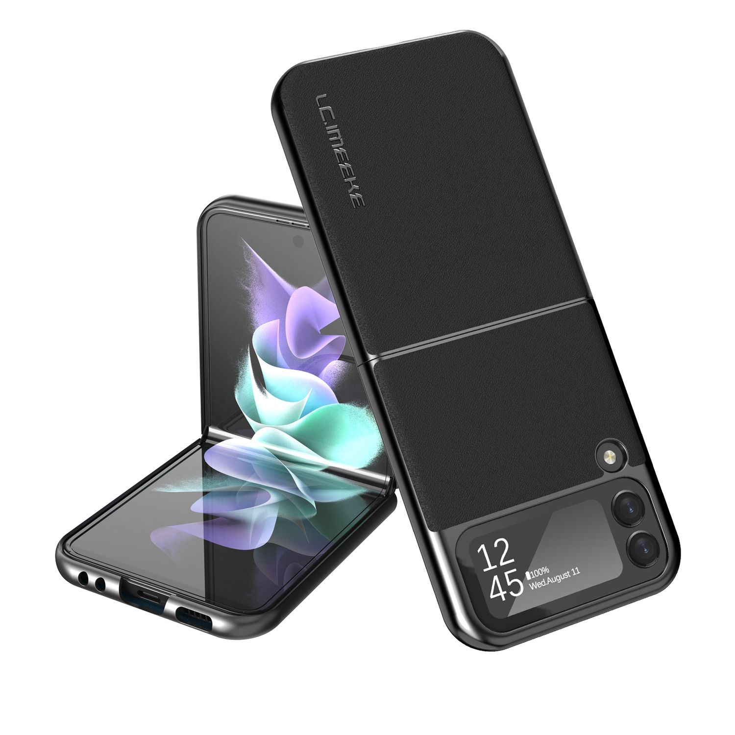 Schwarze Handyhülle mit Telefon im Inneren. Das Telefon ist offen und zeigt einen Bildschirm. Der Hintergrund ist schwarz.