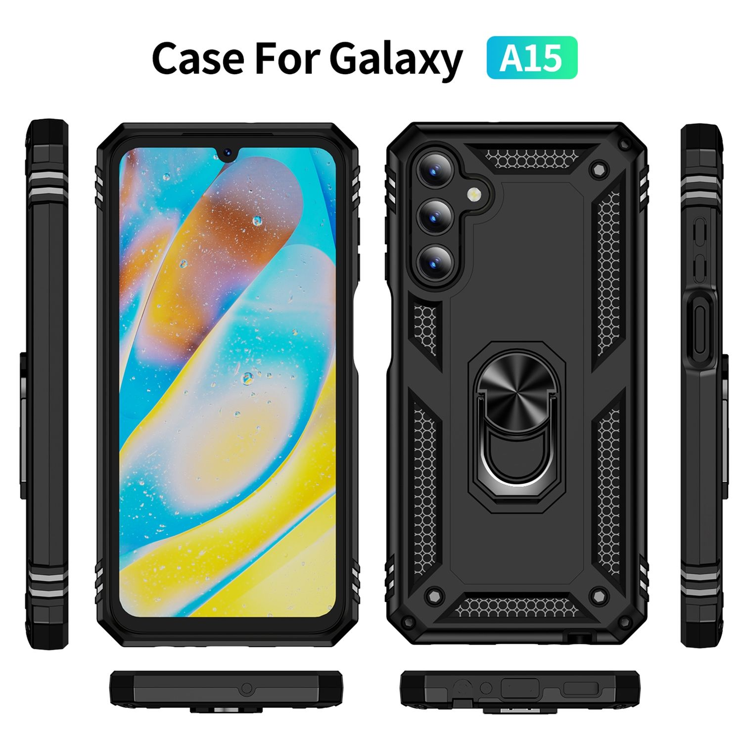 Schwarze Handyhülle für ein Galaxy A15. Zeigt die Vorderseite, Seiten und Rückseite. Die Hülle hat einen Ring.