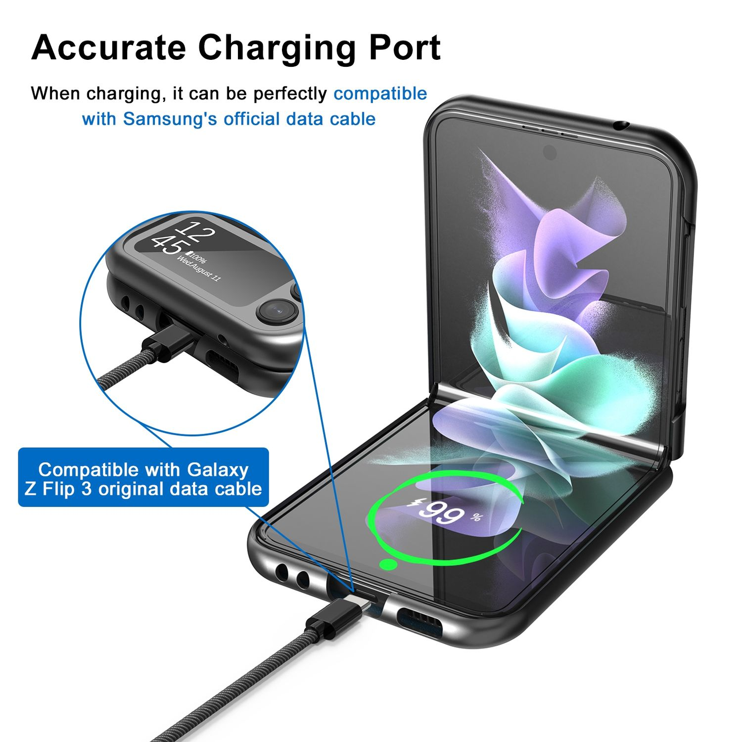 Telefon lädt mit Kabel, zeigt volle Ladung und Ladeanschluss.