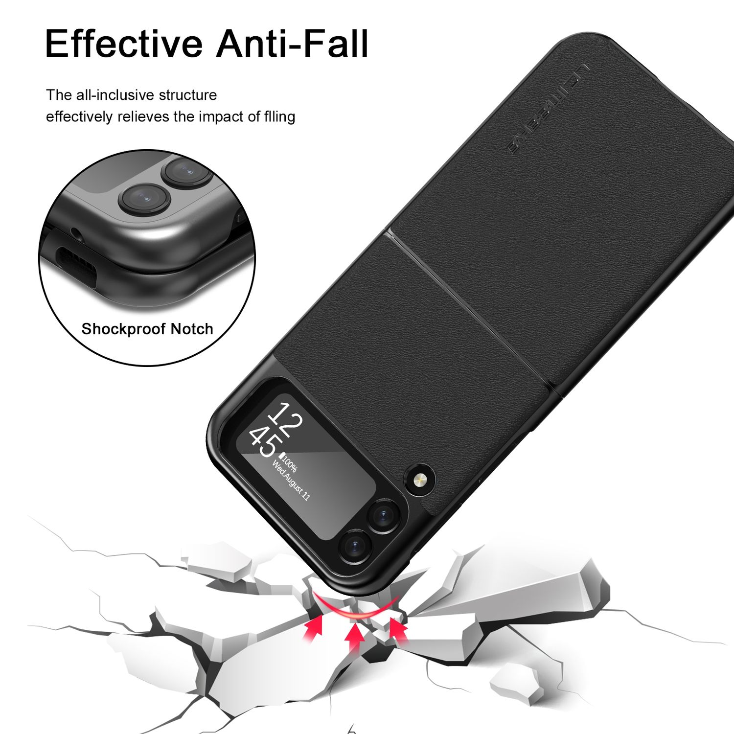 Schwarze Handyhülle mit Telefon im Inneren. Das Telefon fällt auf den Boden. Text: 'Effektiver Anti-Fall'.