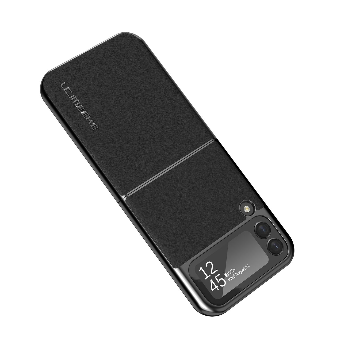 Eine schwarze Handyhülle mit einem gefalteten Telefon darin. Das Telefon zeigt Datum und Uhrzeit.