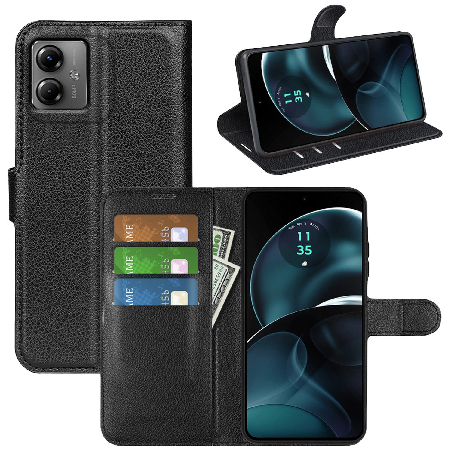 Funda negra con múltiples vistas. Abierta, mostrando tarjetas, efectivo y teléfono.