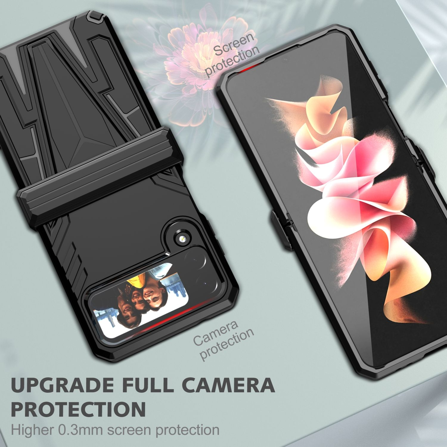 Schwarze Handyhülle auf einem faltbaren Telefon. Der Text lautet „UPGRADE FULL CAMERA PROTECTION“.
