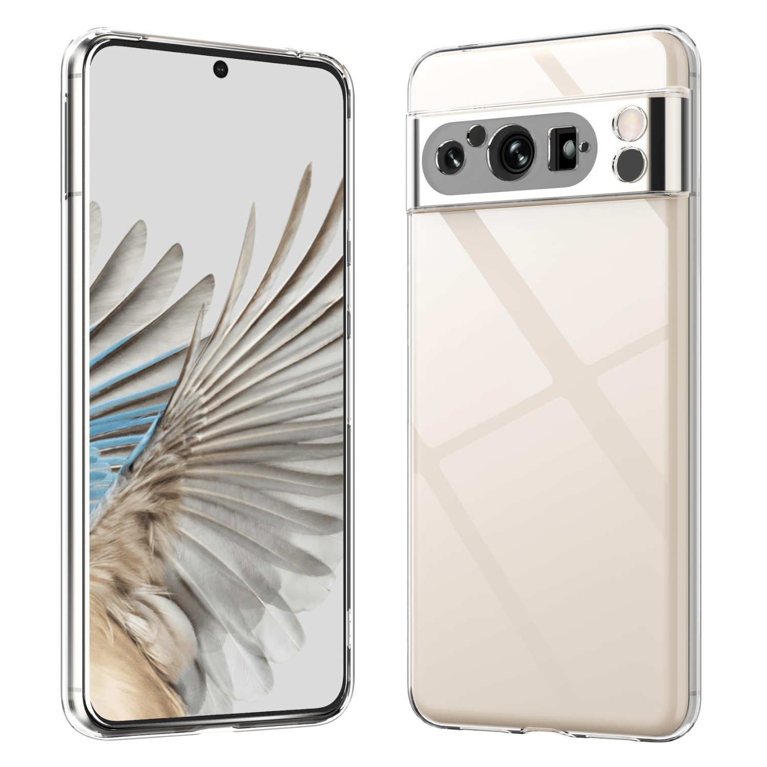 Klare Handyhülle auf einem Telefon mit Feder-Design-Tapete. Das Telefon wird von vorne und hinten angezeigt.