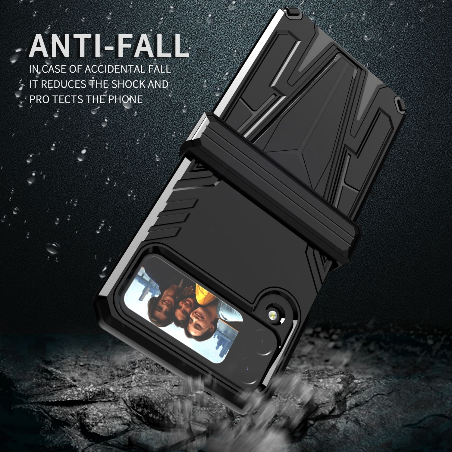 Eine schwarze Handyhülle auf einem faltbaren Telefon. Das Telefon fällt, die Hülle schützt das Telefon.