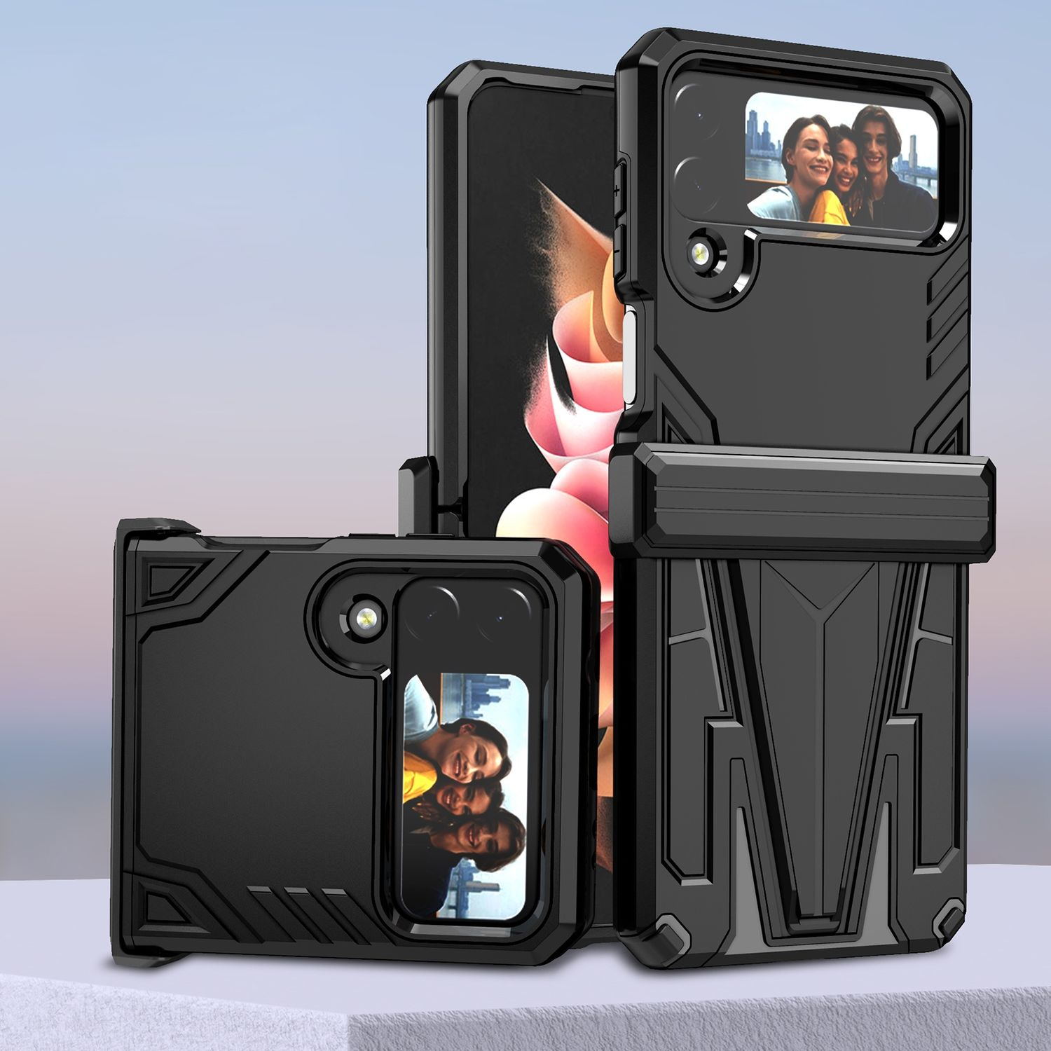 Schwarze Handyhüllen für ein faltbares Telefon, die das Telefon geöffnet und geschlossen zeigen, mit einem Foto von Personen auf dem Bildschirm.