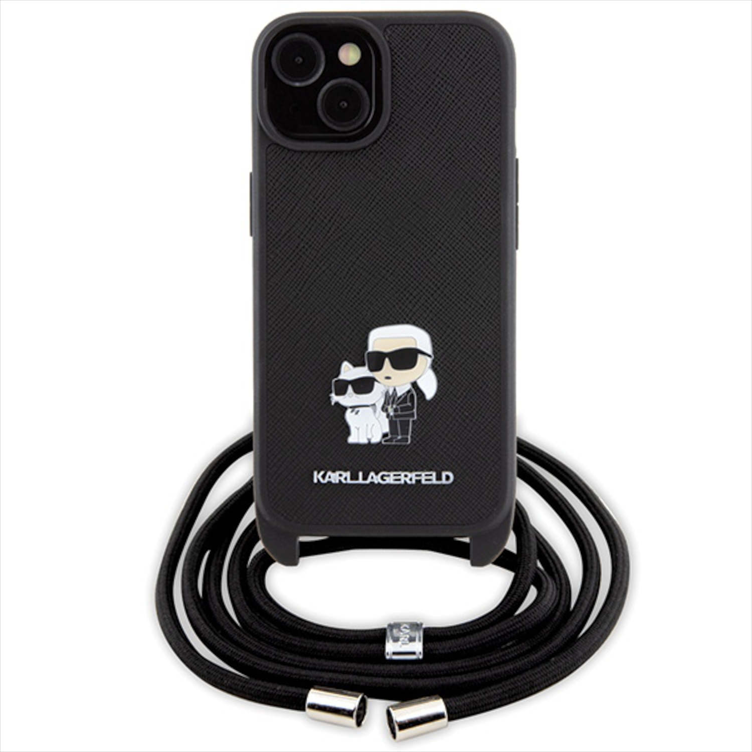 Custodia per telefono nera con design Karl Lagerfeld e cordino nero.