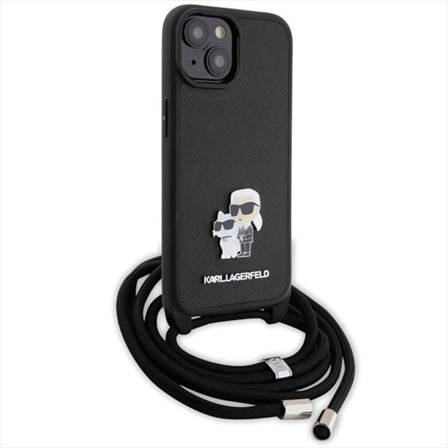 Custodia nera con design Karl Lagerfeld e cordino nero. Sfondo bianco.