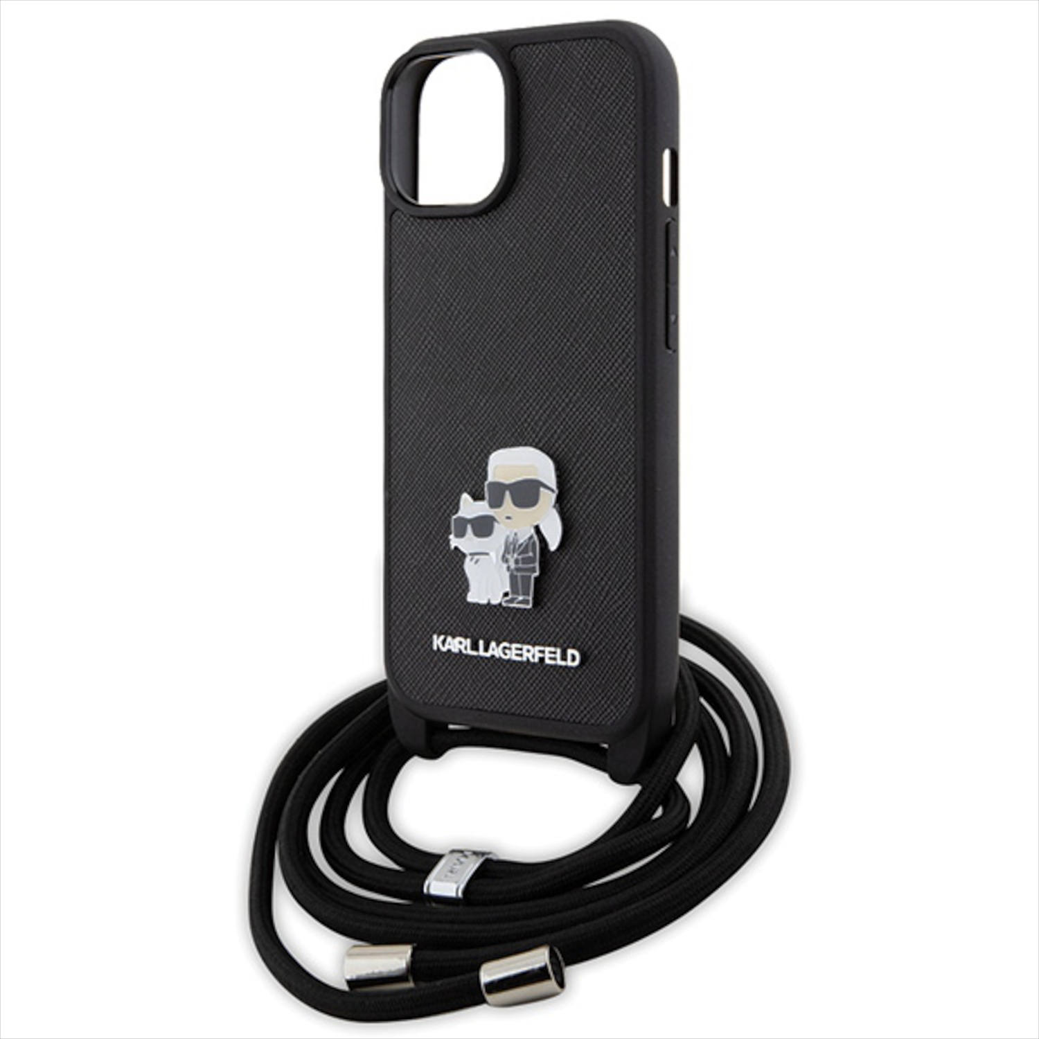 Custodia per telefono nera con design Karl Lagerfeld e cordino nero. La custodia ha un'apertura per la fotocamera.