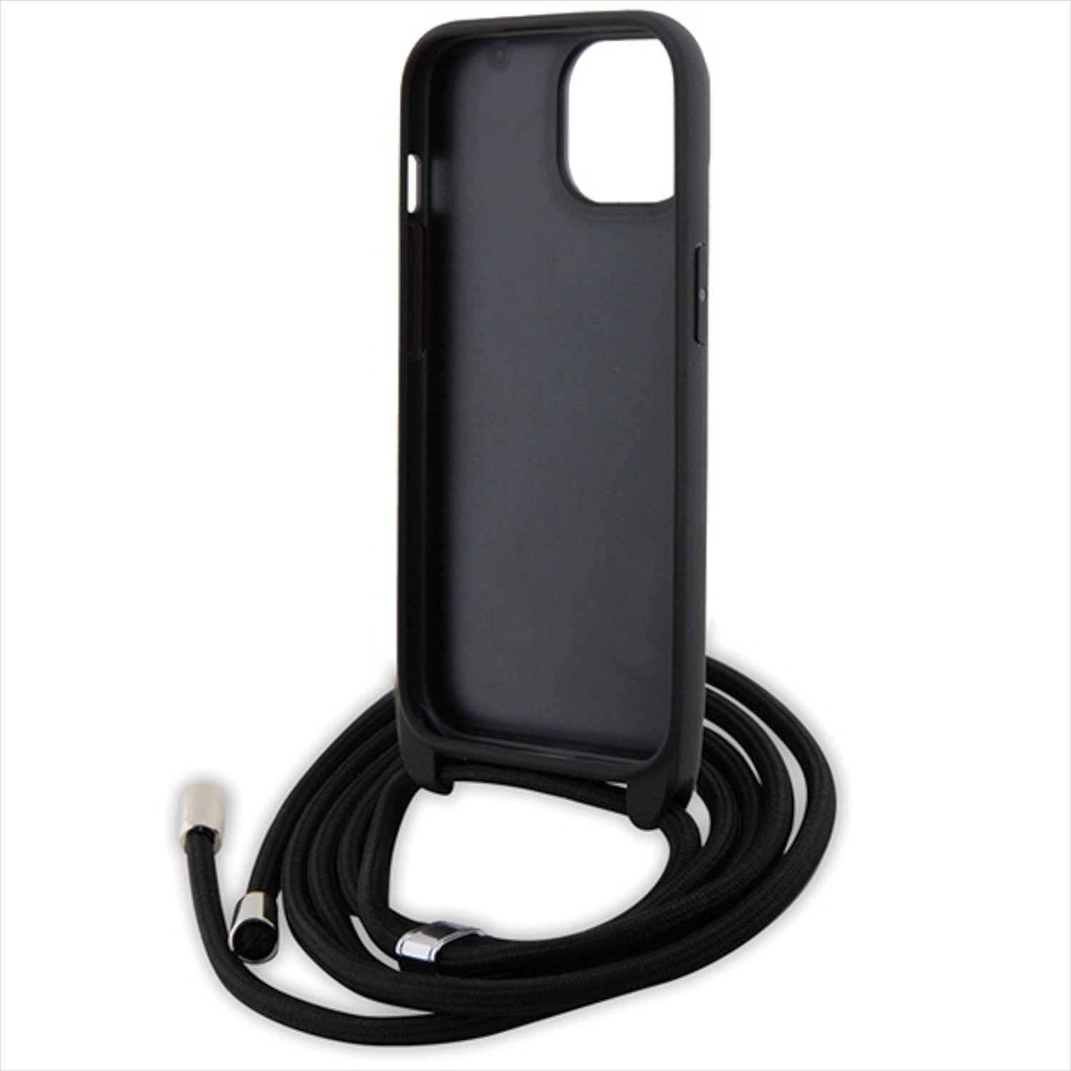 Custodia per telefono nera con cordino nero. La custodia ha un'apertura per la fotocamera. Il cordino è arrotolato.