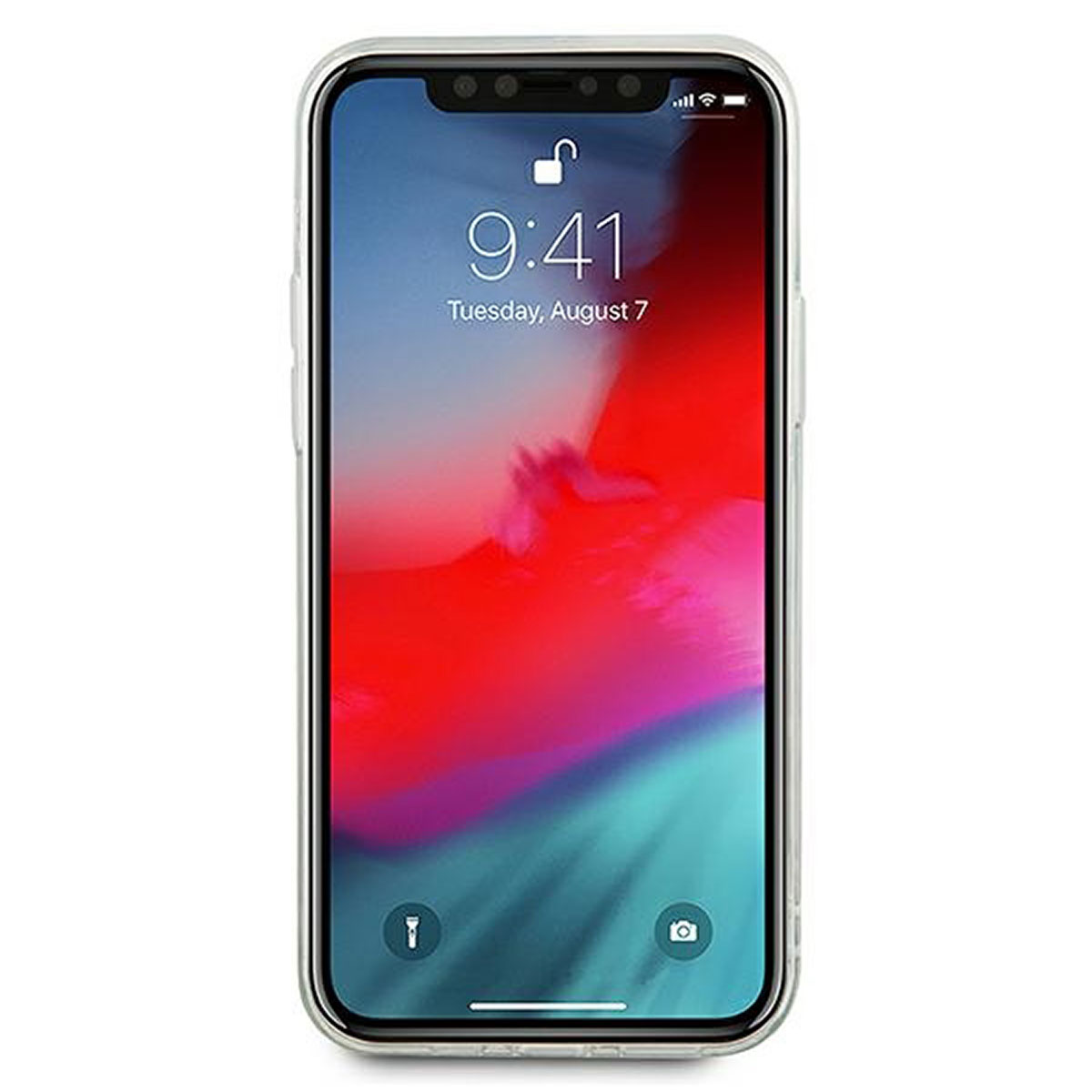 iPhone con schermo che mostra l'ora e la data. Il telefono è in una custodia trasparente.