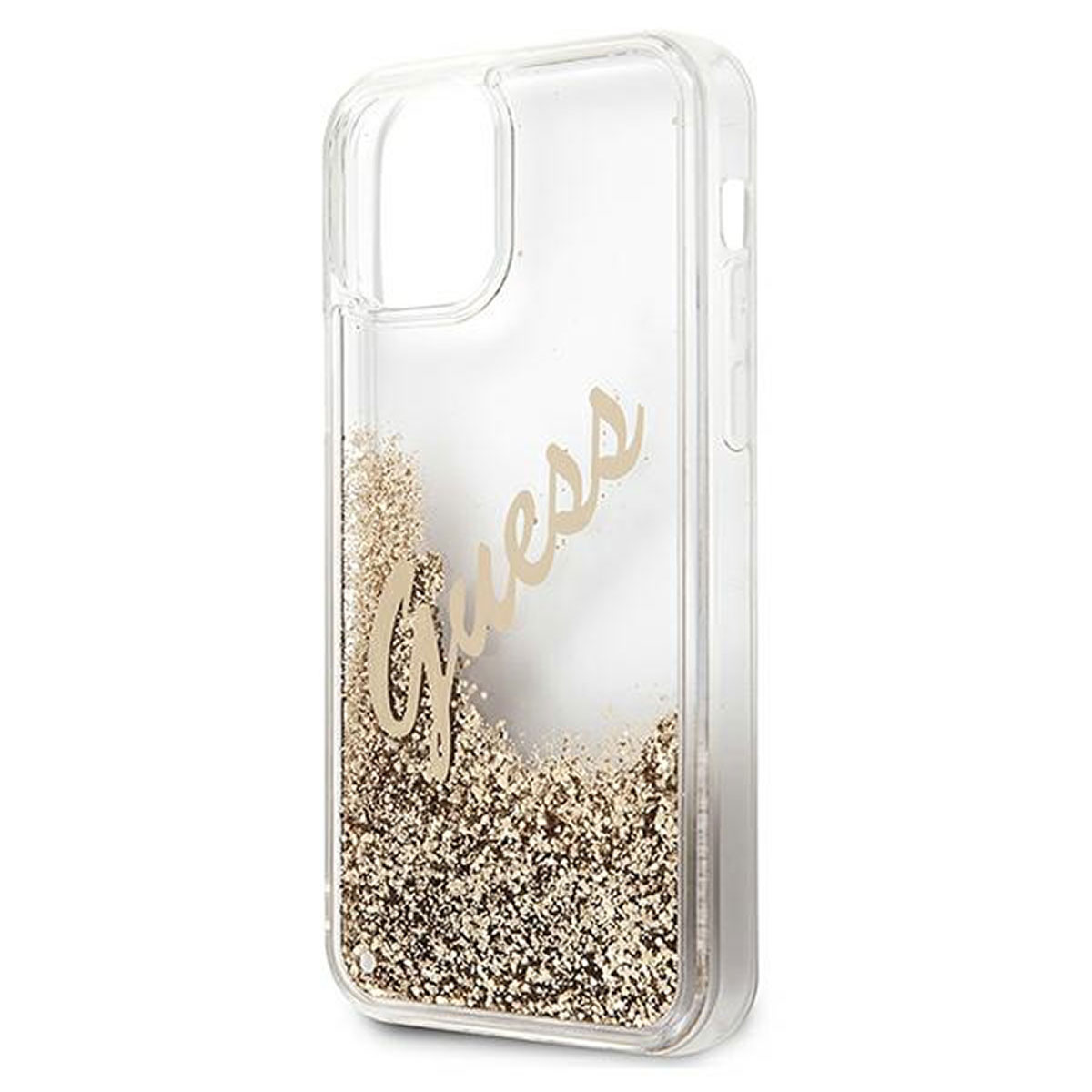 Custodia trasparente per telefono con glitter dorati e la parola 'Guess'. Sfondo bianco.