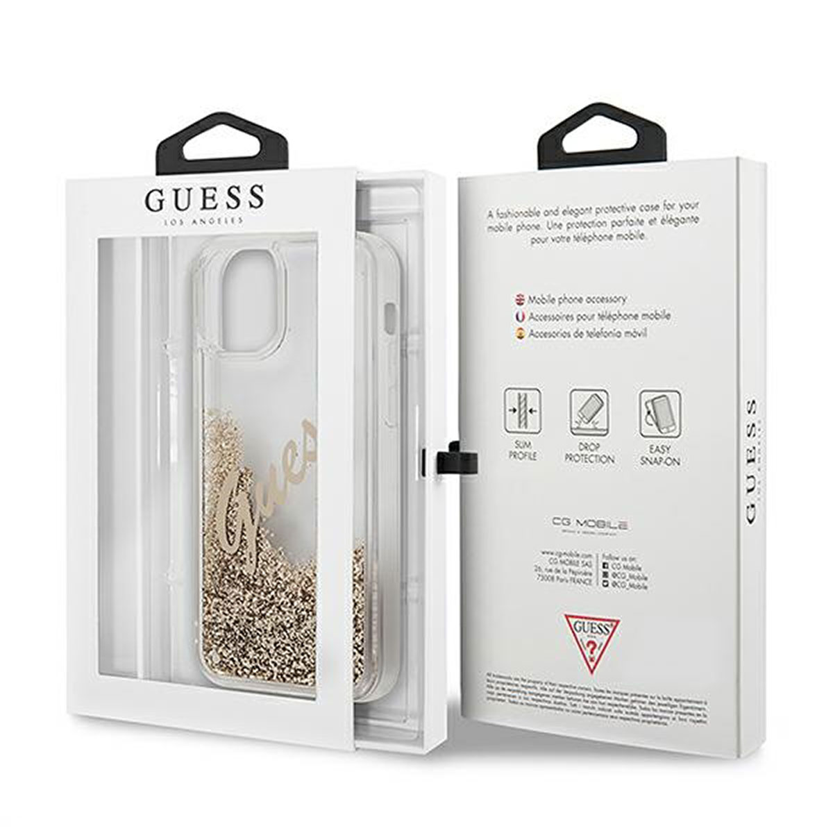 Una confezione di custodia per telefono Guess, custodia trasparente con glitter dorati. La scatola ha il logo Guess e i dettagli del prodotto.