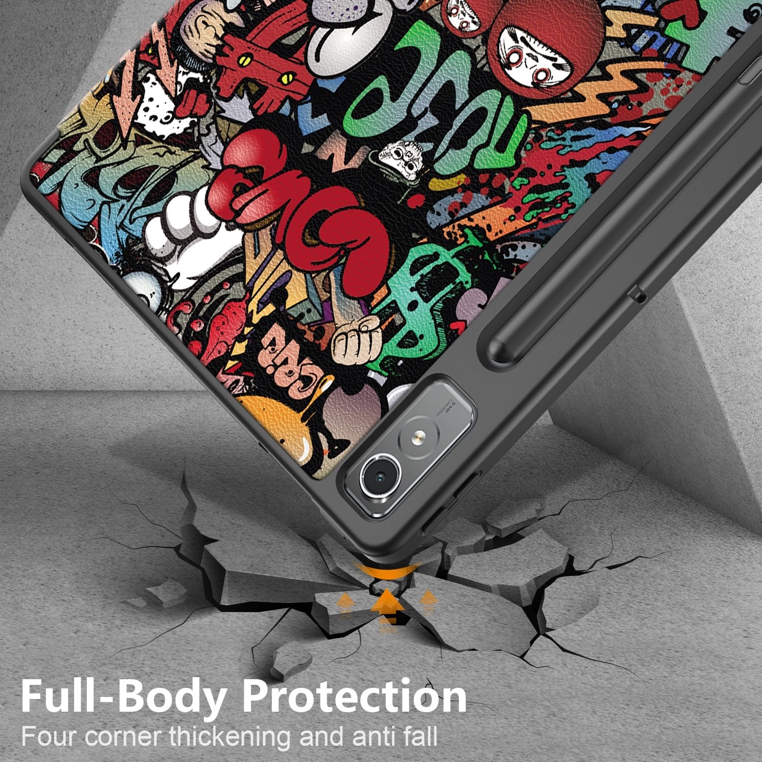 Funda de teléfono sobre una superficie agrietada, con arte de graffiti. Texto: 'Protección de cuerpo completo'. Cuatro esquinas engrosadas.