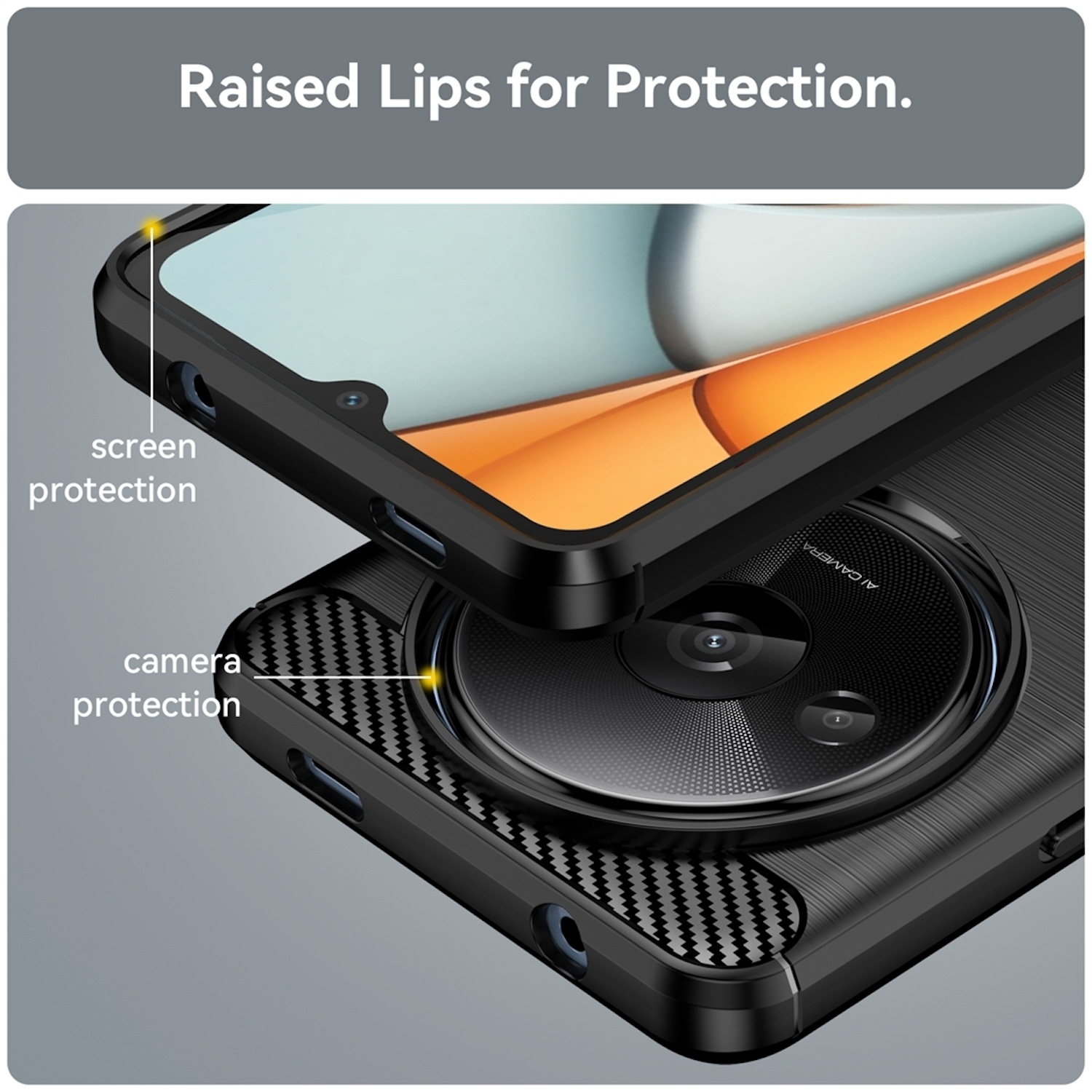 Primer plano de una funda de teléfono con texto, que muestra los bordes elevados para la protección de la pantalla y la cámara.