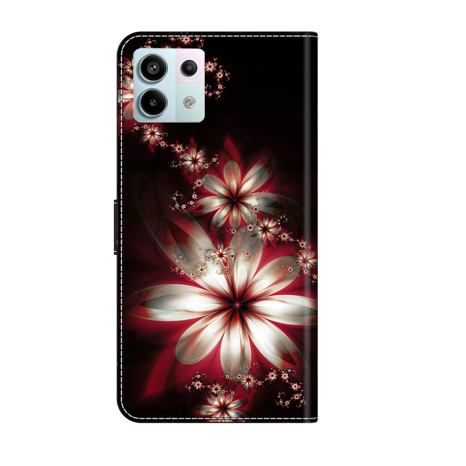 Eine schwarze Handyhülle mit floralem Design. Das Design ist rot, weiß und dunkel.