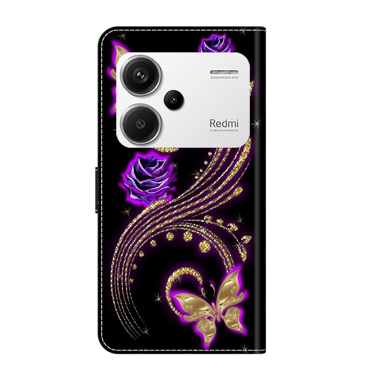 Funda negra con rosas moradas, purpurina dorada y diseño de mariposa. Logotipo Redmi visible.