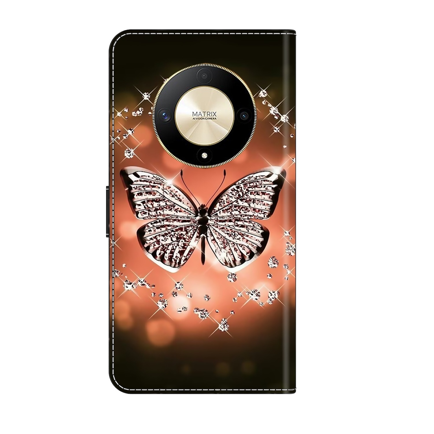 Handyhülle mit Schmetterlingsdesign und funkelnden Details auf einem orangefarbenen Hintergrund.