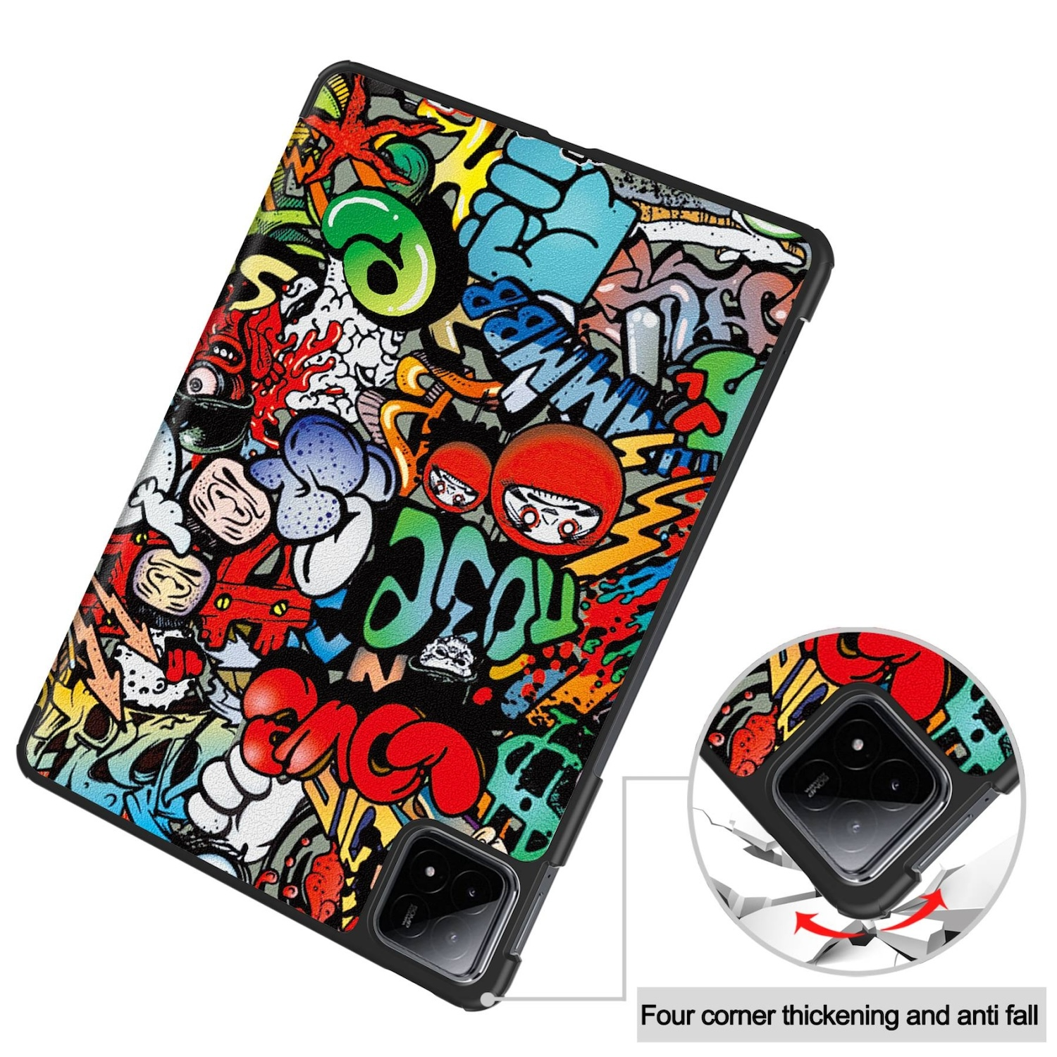 Handyhülle mit Graffiti-Kunst bedeckt. Bunte Designs und Text. Schwarze Hülle.