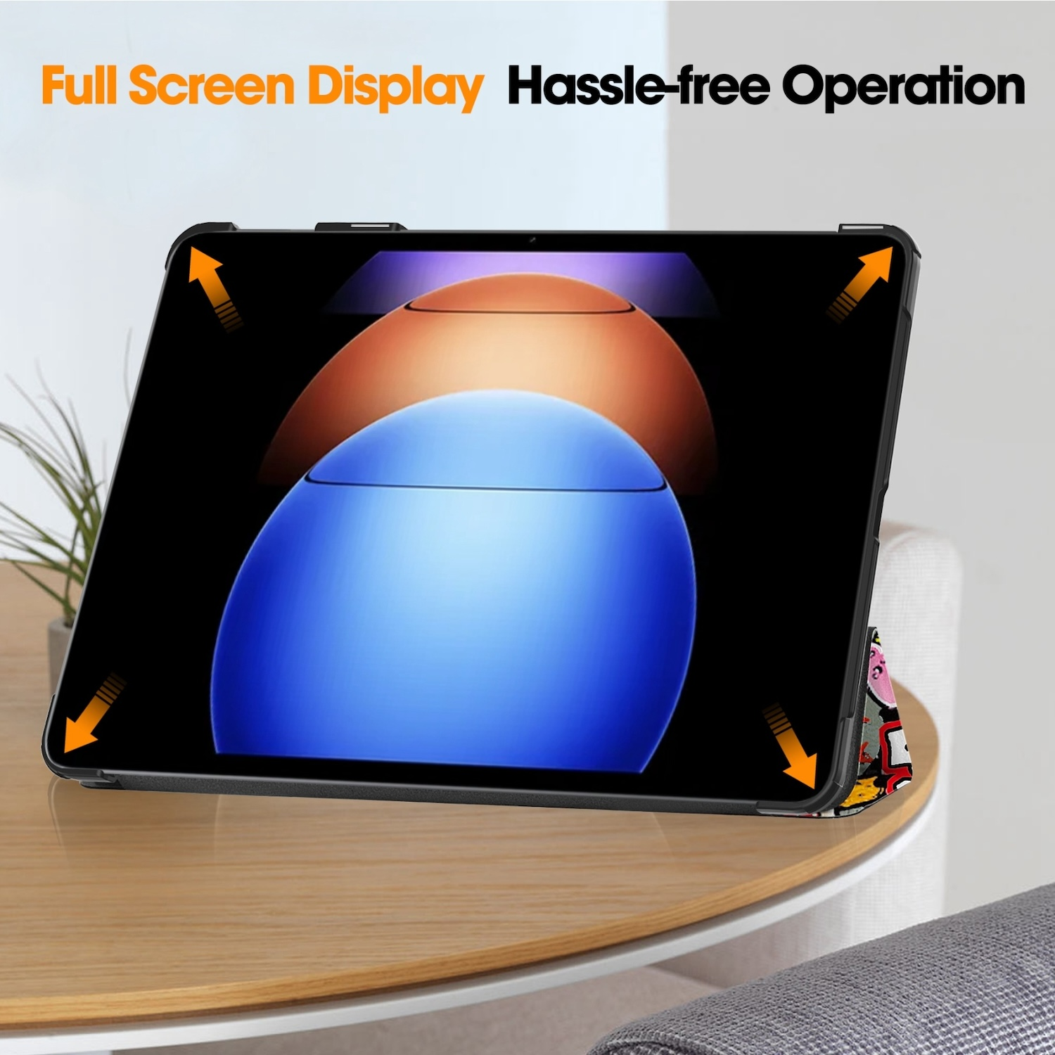Tablet auf einem Tisch mit Hülle. Die Hülle ist geöffnet und zeigt den Bildschirm, mit Pfeilen an den Seiten.