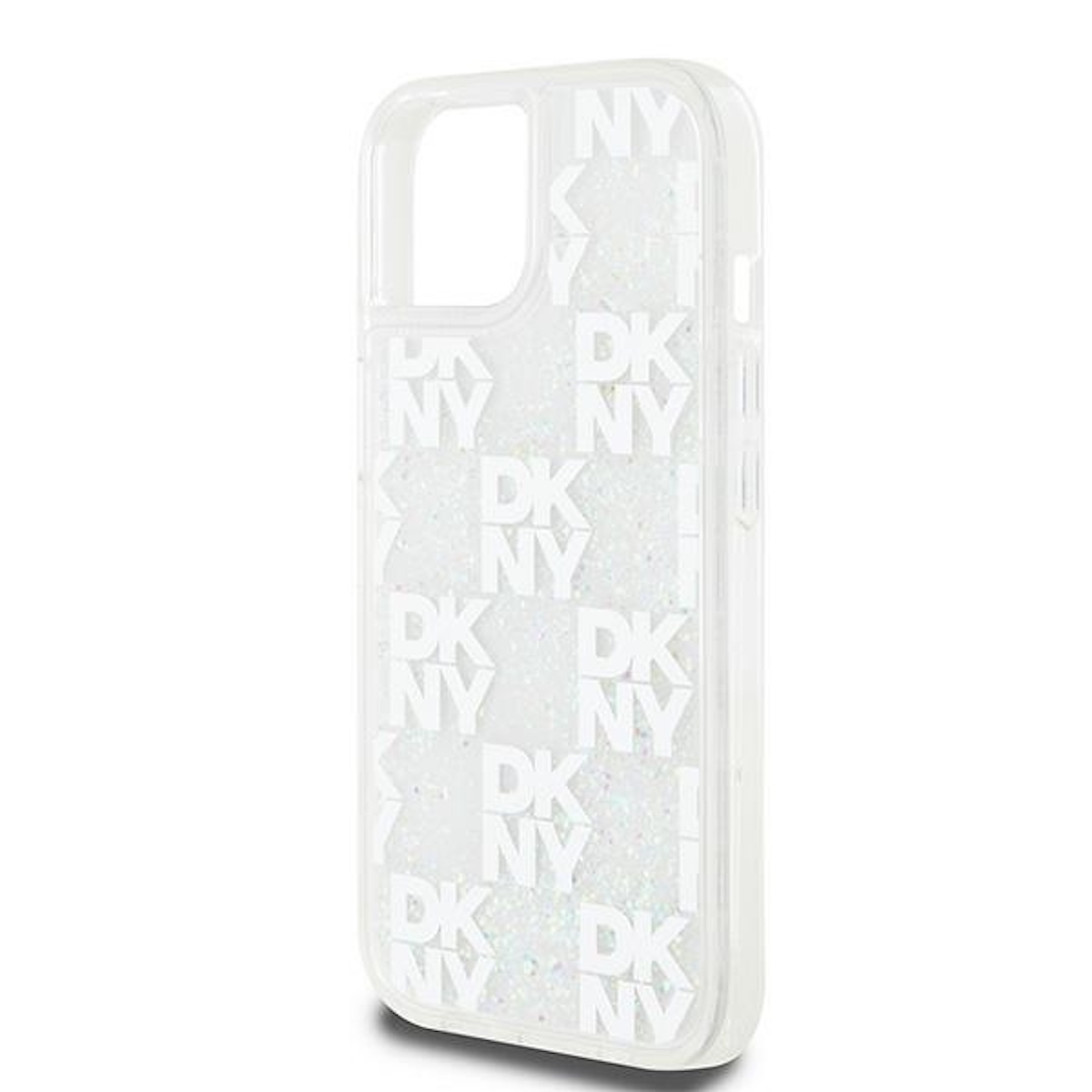 Custodia trasparente per telefono con stampa DKNY NY. La custodia ha dettagli scintillanti sul retro ed è su sfondo bianco.