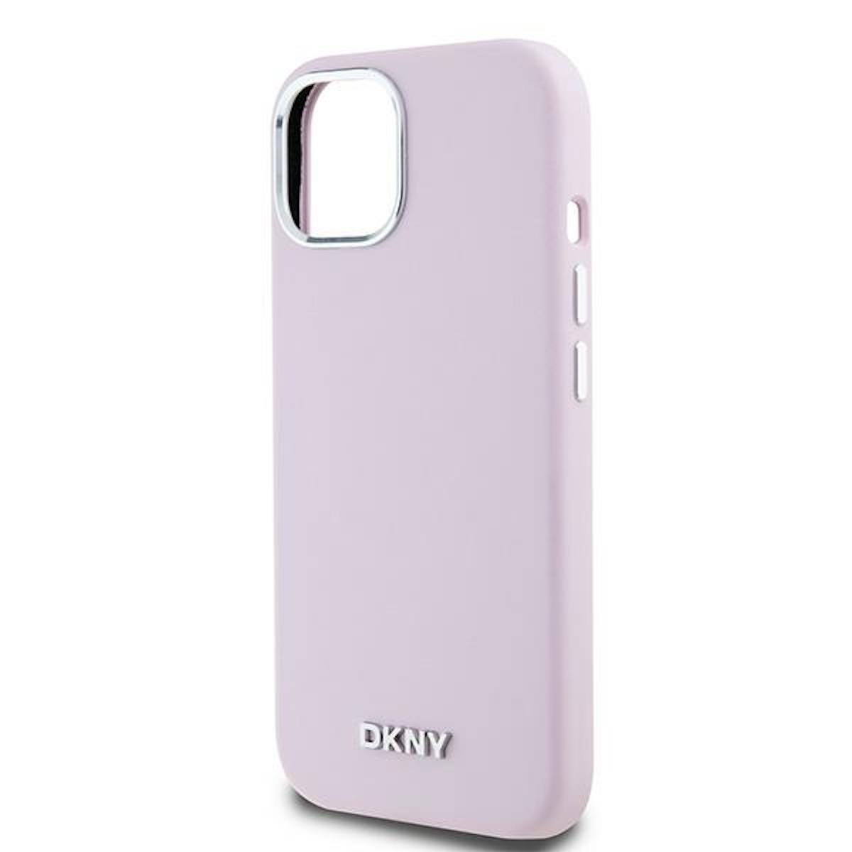 Custodia per telefono lilla con logo DKNY in basso. La custodia è liscia e pulita con cornice argentata.