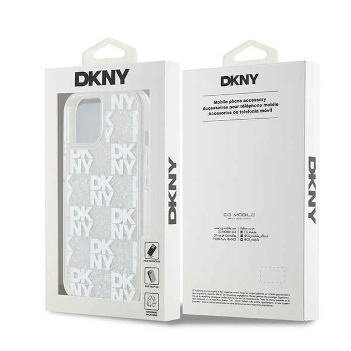 Confezione della custodia per telefono DKNY: scatola bianca, custodia visibile, testo e logo sul davanti.